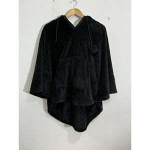 Womans Cozy Zoe Black Fuzzy Poncho With Animal Face Hood Xs-s